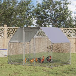 PawHut Chicken Run, Galvanized Large Metal Chicken Coop Cage, Walk-in Enclosure Poultry Hen Run House Playpen Rabbit Hutch with Flat Roof, Cover, 9.2' x 6.2' x 6.5', Silver - Image 1