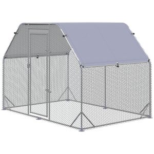PawHut Chicken Run, Galvanized Large Metal Chicken Coop Cage, Walk-in Enclosure Poultry Hen Run House Playpen Rabbit Hutch with Flat Roof, Cover, 9.2' x 6.2' x 6.5', Silver - Image 11