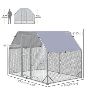 PawHut Chicken Run, Galvanized Large Metal Chicken Coop Cage, Walk-in Enclosure Poultry Hen Run House Playpen Rabbit Hutch with Flat Roof, Cover, 9.2' x 6.2' x 6.5', Silver - Image 3