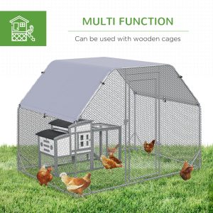 PawHut Chicken Run, Galvanized Large Metal Chicken Coop Cage, Walk-in Enclosure Poultry Hen Run House Playpen Rabbit Hutch with Flat Roof, Cover, 9.2' x 6.2' x 6.5', Silver - Image 6