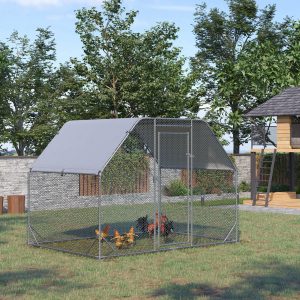 PawHut Chicken Run, Galvanized Large Metal Chicken Coop Cage, Walk-in Enclosure Poultry Hen Run House Playpen Rabbit Hutch with Flat Roof, Cover, 9.2' x 6.2' x 6.5', Silver - Image 8