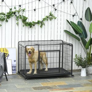 PawHut Folding Dog Crate Heavy Duty Cage for Extra Large Sized Dogs with Double Doors, Lockable Wheels Tray, 49" x 30" x 32" - Image 1