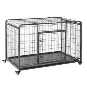 PawHut Folding Dog Crate Heavy Duty Cage for Extra Large Sized Dogs with Double Doors, Lockable Wheels Tray, 49" x 30" x 32" - Image 2
