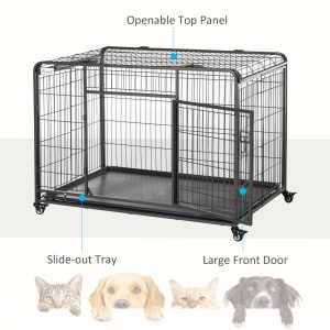 PawHut Folding Dog Crate Heavy Duty Cage for Extra Large Sized Dogs with Double Doors, Lockable Wheels Tray, 49" x 30" x 32" - Image 6