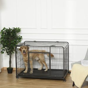PawHut Folding Dog Crate Heavy Duty Cage for Extra Large Sized Dogs with Double Doors, Lockable Wheels Tray, 49" x 30" x 32" - Image 8