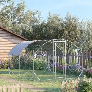 PawHut Galvanized Large Metal Chicken Coop Cage Walk-in Enclosure Poultry Hen Run House Playpen Rabbit Hutch with Cover for Outdoor Backyard 9.2' x 12.5' x 6.5' Silver - Image 1