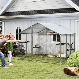 PawHut Large Catio Outdoor Cat Enclosure with Waterproof Cover, Walk-in Cat Patio w/ 5 Adjustable Platforms & Hammock 94.5" W - Image 1