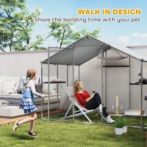 PawHut Large Catio Outdoor Cat Enclosure with Waterproof Cover, Walk-in Cat Patio w/ 5 Adjustable Platforms & Hammock 94.5" W - Image 4