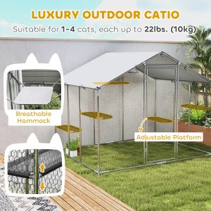 PawHut Large Catio Outdoor Cat Enclosure with Waterproof Cover, Walk-in Cat Patio w/ 5 Adjustable Platforms & Hammock 94.5" W - Image 5