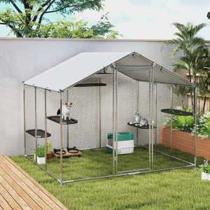 PawHut Large Catio Outdoor Cat Enclosure with Waterproof Cover, Walk-in Cat Patio w/ 5 Adjustable Platforms & Hammock 94.5" W - Image 18