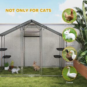 PawHut Large Catio Outdoor Cat Enclosure with Waterproof Cover, Walk-in Cat Patio w/ 5 Adjustable Platforms & Hammock 94.5" W - Image 20