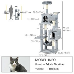 PawHut Tall Cat Tree for Indoor Cats, 70" Multi-Level Cat Tower with Hammock, Cat Bed, Cat Condo with Sisal Scratching Posts, Bluish Grey - Image 3