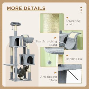 PawHut Tall Cat Tree for Indoor Cats, 70" Multi-Level Cat Tower with Hammock, Cat Bed, Cat Condo with Sisal Scratching Posts, Bluish Grey - Image 5