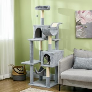 PawHut Tall Cat Tree for Indoor Cats, 70" Multi-Level Cat Tower with Hammock, Cat Bed, Cat Condo with Sisal Scratching Posts, Bluish Grey - Image 8