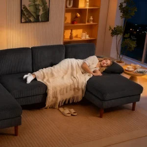 HOMCOM U Shape Couch with Double Chaise Lounge, Modern 4 Seater Sofa with Wooden Legs, Fabric Sofa for Living Room, Dark Grey - Image 11