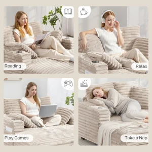 HOMCOM 60" Chaise Lounge Chair, Oversized Upholstered Sofa Bed with Cup Holders & Pillows, Sleeper Couch for Living Room, Beige - Image 7