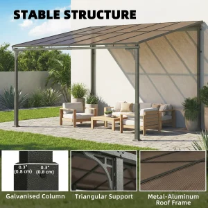 Outsunny 11' x 10' Outdoor Pergola, Wall Mounted Hardtop Lean-to Gazebo with Polycarbonate Roof and Metal-Aluminium Frame - Image 3