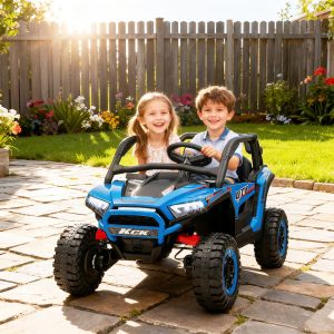 Qaba 2 Seater 24V 7AH Ride on Truck, Electric Car for Kids w/ Spring Suspension, Remote Lights, Horn, Music, Blue - Image 1