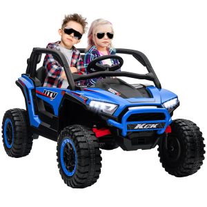 Qaba 2 Seater 24V 7AH Ride on Truck, Electric Car for Kids w/ Spring Suspension, Remote Lights, Horn, Music, Blue - Image 12