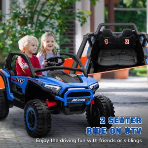 Qaba 2 Seater 24V 7AH Ride on Truck, Electric Car for Kids w/ Spring Suspension, Remote Lights, Horn, Music, Blue - Image 4