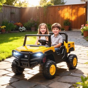 Qaba 24V Kids Ride on Tractor, 4WD 2 Seater Licensed Caterpillar Electric Vehicle with Remote Control, Dump Bed, Yellow - Image 1