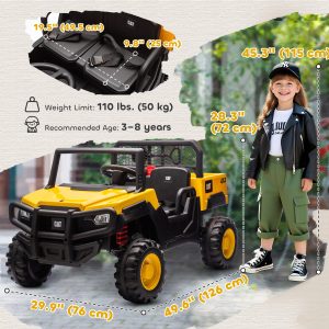 Qaba 24V Kids Ride on Tractor, 4WD 2 Seater Licensed Caterpillar Electric Vehicle with Remote Control, Dump Bed, Yellow - Image 13