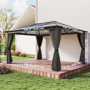 Outsunny 12' x 15' Hardtop Gazebo Canopy with Polycarbonate Roof, Aluminum Frame, Netting, Curtains and Ceiling Hook, Dark Grey - Image 5