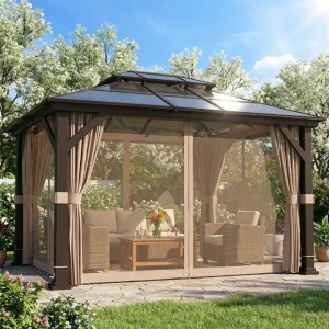 Outsunny 10' x 12' Hardtop Gazebo Canopy with Double PC Roof, Steel Permanent Outdoor Gazebo with Curtains and Netting, Khaki - Image 2