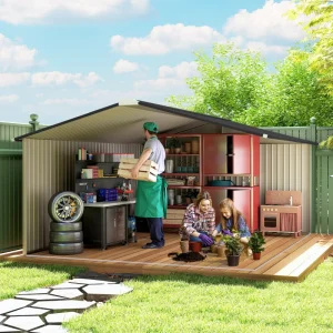 Outsunny 11' x 13' Garden Storage Shed w/ Foundation Kit Metal Tool Storage House w/ Double Doors White - Image 4