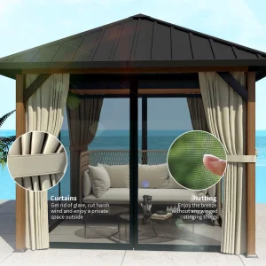 Outsunny 10' x 10' Hardtop Gazebo with Galvanized Steel Roof, Permanent Garden Gazebo with Netting and Curtains - Image 3