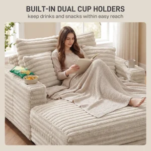 HOMCOM 60" Chaise Lounge Chair, Oversized Upholstered Sofa Bed with Cup Holders & Pillows, Sleeper Couch for Living Room, Beige - Image 6