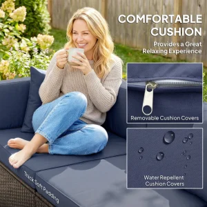 Outsunny 7pc Garden Wicker Sectional Set w/ Tea Table Patio Rattan Lounge Sofa Outdoor Deck Furniture Navy Blue - Image 8