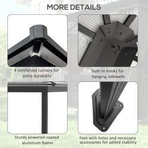 Outsunny 12' x 15' Hardtop Gazebo Canopy with Polycarbonate Roof, Aluminum Frame, Netting, Curtains and Ceiling Hook, Dark Grey - Image 6