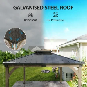 Outsunny 12' x 14' Hardtop Gazebo Canopy with Galvanized Steel Roof, Wood Frame, Double Roof Outdoor Gazebo, Light Walnut - Image 5