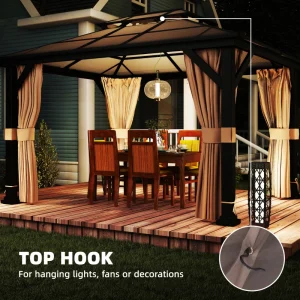 Outsunny 10' x 12' Hardtop Gazebo Canopy with Double PC Roof, Steel Permanent Outdoor Gazebo with Curtains and Netting, Khaki - Image 4