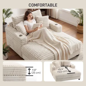 HOMCOM 60" Chaise Lounge Chair, Oversized Upholstered Sofa Bed with Cup Holders & Pillows, Sleeper Couch for Living Room, Beige - Image 5