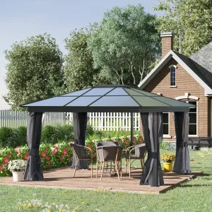 Outsunny 12' x 15' Hardtop Gazebo Canopy with Polycarbonate Roof, Aluminum Frame, Netting, Curtains and Ceiling Hook, Dark Grey - Image 2