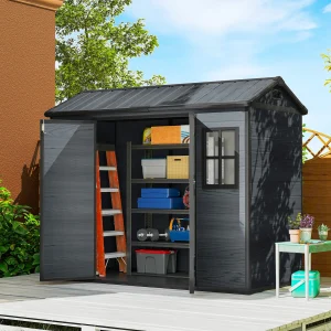 Outsunny 8 x 4 ft Resin Garden Shed, Wood-Effect Outdoor Storage Shed with Floor, Windows, Lockable Doors and Vents, Dark Grey - Image 9
