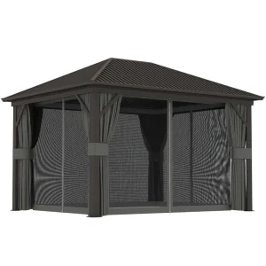 Outsunny 10' x 12' Outdoor Hardtop Gazebo Metal Roof Patio Gazebo with Aluminum Frame, Mesh Nettings, Dark Grey - Image 2