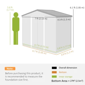 7' x 4' x 6' Garden Storage Shed Outdoor Patio Metal Tool Storage House w/ Foundation Kit and Double Doors Dark Grey - Image 3