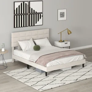 HOMCOM King Size Bed Frame with Upholstered Headboard, Modern Platform Bed Frame with Wood Slats, 1100 lbs Capacity, Cream White - Image 2