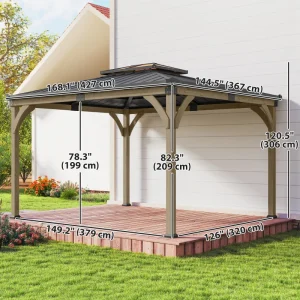Outsunny 12' x 14' Hardtop Gazebo Canopy with Galvanized Steel Roof, Wood Frame, Double Roof Outdoor Gazebo, Light Walnut - Image 2