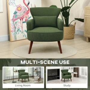 Modern Accent Chair, Upholstered Armchair with Solid Wood Legs and Lumbar Pillow for Living Room, Green - Image 5
