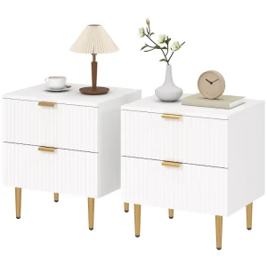 HOMCOM Bedside Table, Modern Nightstand with 2 Drawers, Side End Table with Metal Legs for Living Room, Bedroom, White - Image 2