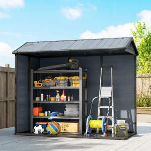 Outsunny 8 x 4 ft Resin Garden Shed, Wood-Effect Outdoor Storage Shed with Floor, Windows, Lockable Doors and Vents, Dark Grey - Image 5