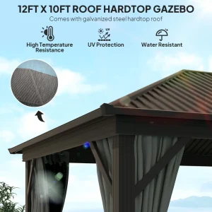 Outsunny 10' x 12' Outdoor Hardtop Gazebo Metal Roof Patio Gazebo with Aluminum Frame, Mesh Nettings, Dark Grey - Image 7