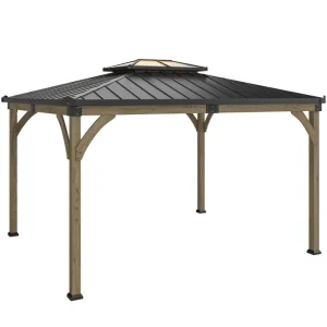 Outsunny 12' x 14' Hardtop Gazebo Canopy with Galvanized Steel Roof, Wood Frame, Double Roof Outdoor Gazebo, Light Walnut - Image 3
