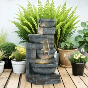 30" Tall Outdoor Water Fountain with LED Lights, 4-Tier Resin Cascading Bowls Garden Fountain Waterfall Fountain with Pump, Grey - Image 10