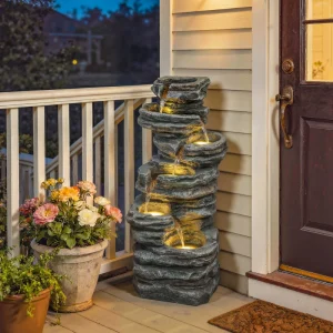 Outdoor 6-Tier Water Fountain, Waterfall Fountain with LED Lights, Resin Waterfall Feature with Pump, Grey - Image 10