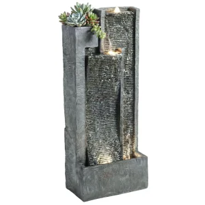 Outdoor Water Fountain with LED Lights and Planter, 3-Tier Modern Cascading Waterfall Feature with Pump, Dark Grey - Image 11